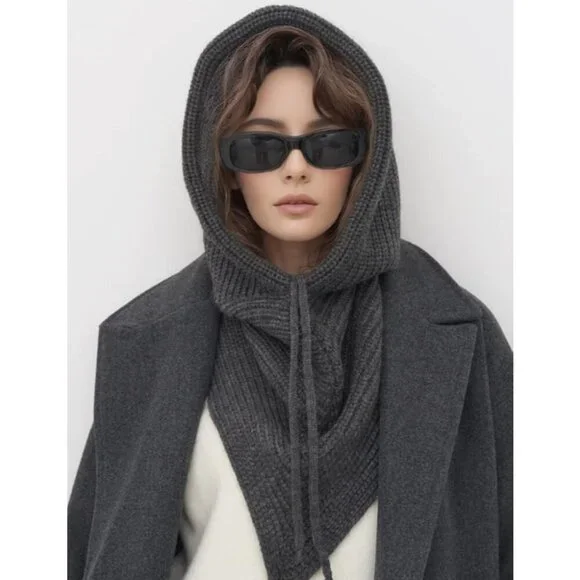 Women Light Gray Hooded Scarf Winter Beanie Hats Beanies Knitted Crochet Hat - Picture 2 of 7